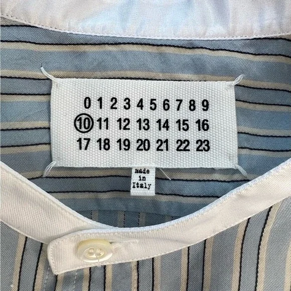 Maison Margiela Blue Pinstriped Band Collar Men’s Long Sleeve Button Up Shirt - Picture 5 of 11